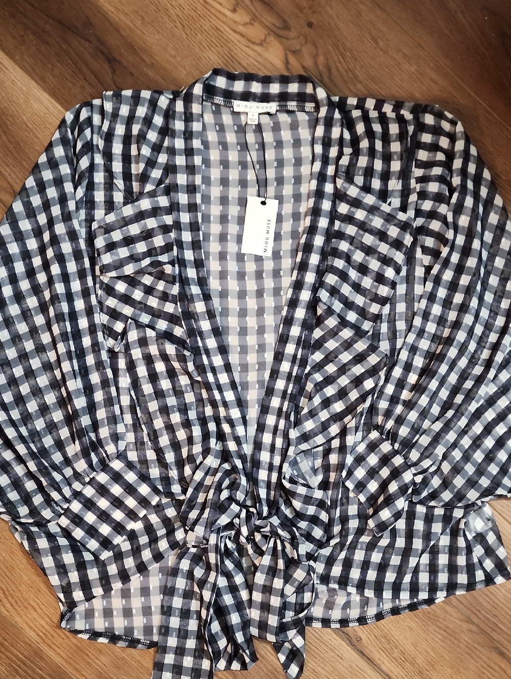 Miou Muse Front Tie Gingham Oversized Long Sleeve